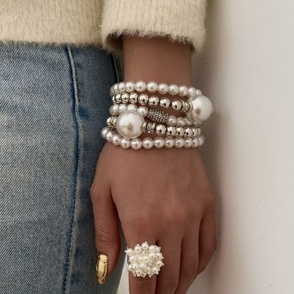 Серебряный металлический браслет с жемчугом, вытяжка проволоки, преувеличенный браслет, жемчужный браслет, для женщин