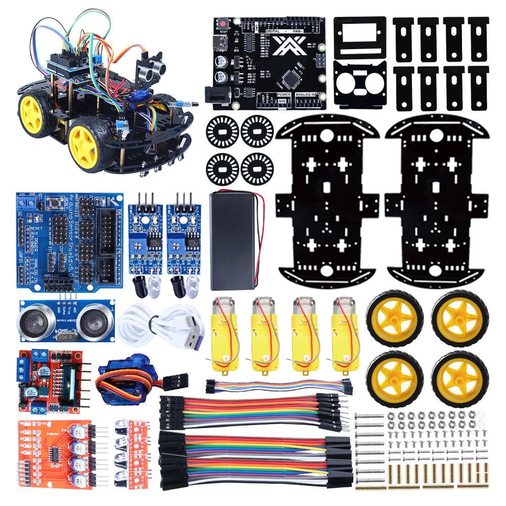 Автомобильные комплекты умных роботов 4WD для Arduino UNO R3 с ультразвуковым датчиком, обновленный сервопривод SG90 V2.0, комплект электронного программирования «сделай сам»