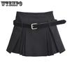 Girl's Preppy Style Short Pleated Skirts with Belt Women's Casual High Waist A-Line Gray Black Mini Skirts with Safety Pants Streetwear