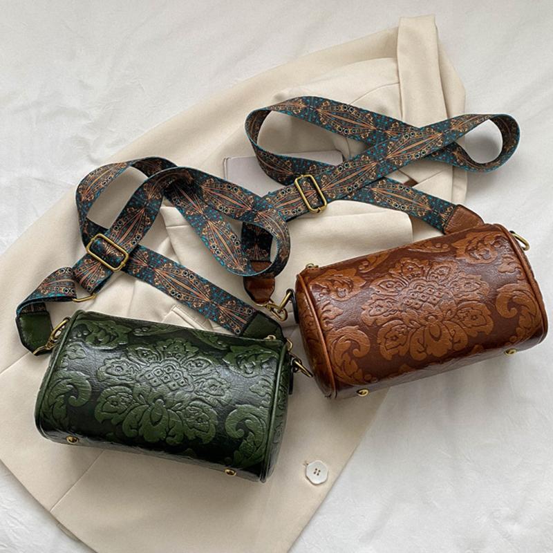 Yogodlns Винтажная сумка через плечо с цветочным тиснением в этническом стиле, цилиндрический кошелек, женская сумка на плечо с широким ремешком