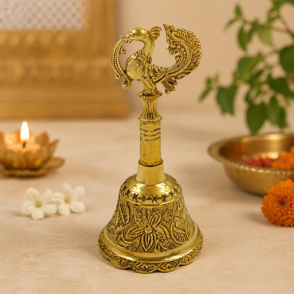 Brass Hand Bell for Pooja Ghanti for Mandir, Peacock Design Hand Bell Ghanti, Pooja Decoration Items, (11.5 CM Height, Golden)