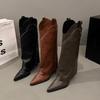 Женские ковбойские сапоги Модные слипоны Женские элегантные сапоги с длинным голенищем на квадратном каблуке Ретро Женская зимняя обувь