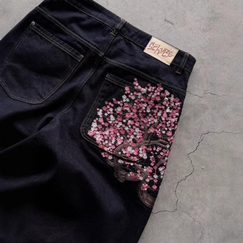 Vintage Plum Blossom Embroidered Straight Cut Denim Pants Unisex Streetwear Casual Jeans Teens