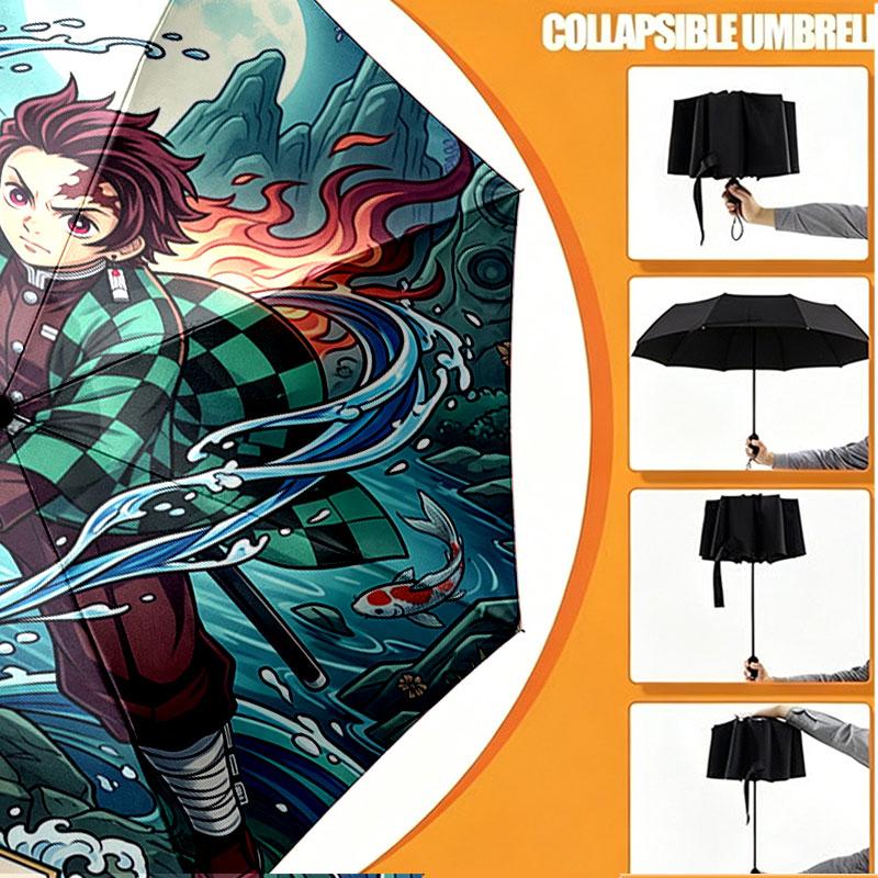 Custom Name Personalized Demon Slayer Print Umbrella, Auto Open Close, 8‑Rib Sturdy Frame, Commute Camping Hiking Use, Birthday Gift