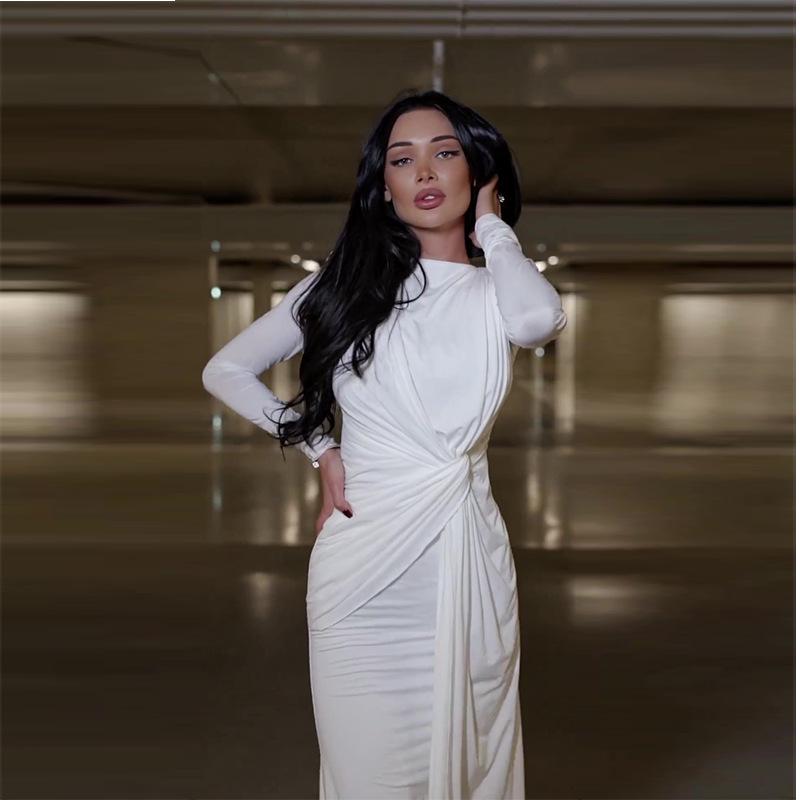 Новое сексуальное модное однотонное облегающее платье с плиссированной талией и круглым вырезом