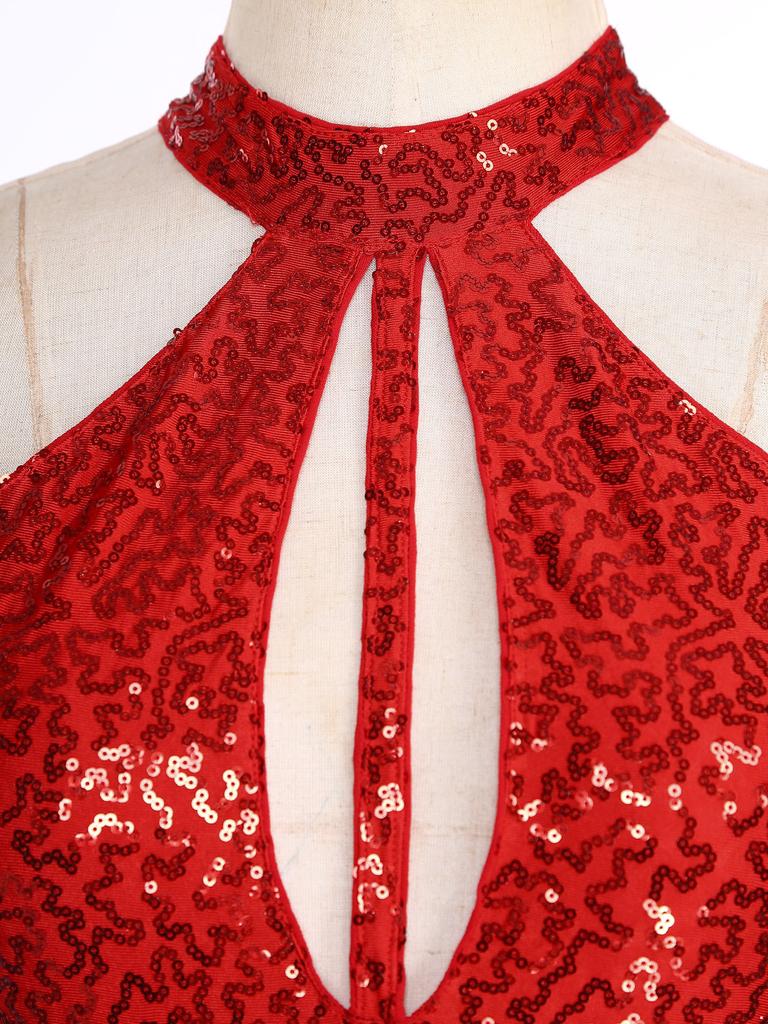 Womens Stage Performance Dancewear Halter Sleeveless Backless Shiny Sequins Feather Dance Leotard