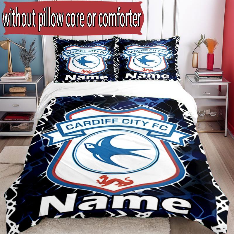 3pcs Duvet Cover Set (1*Duvet Cover + 2*Pillowcase, Without Core), Custom Name Cardiff City FC Pattern Bedding Set, Home Bedroom Decor Gift