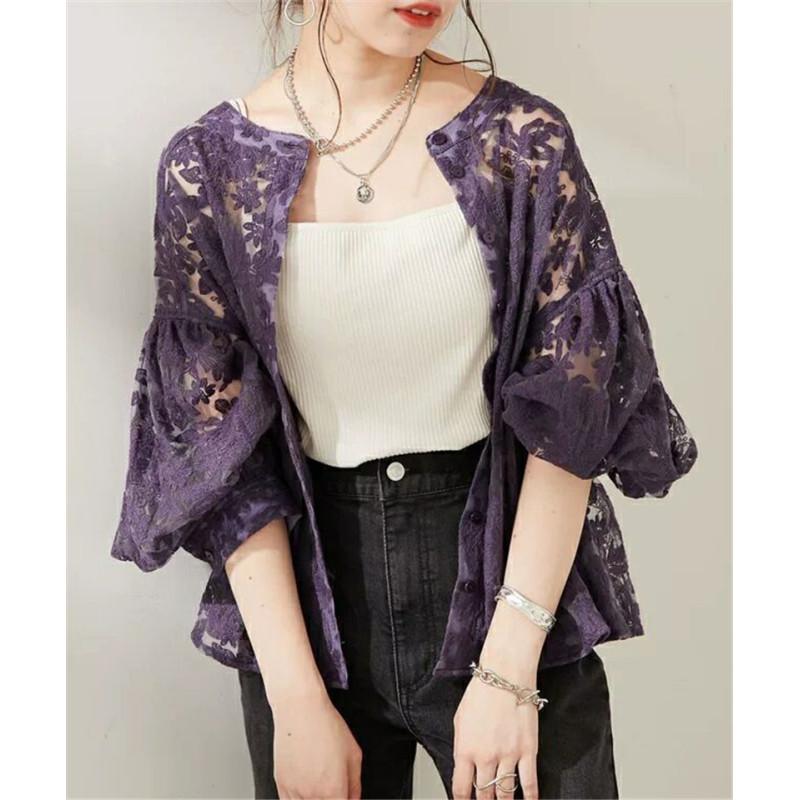 Tooxika Hot Sale Long-sleeved Tops Lantern Sleeves Round Neck Lace Cardigan Women's Shirt