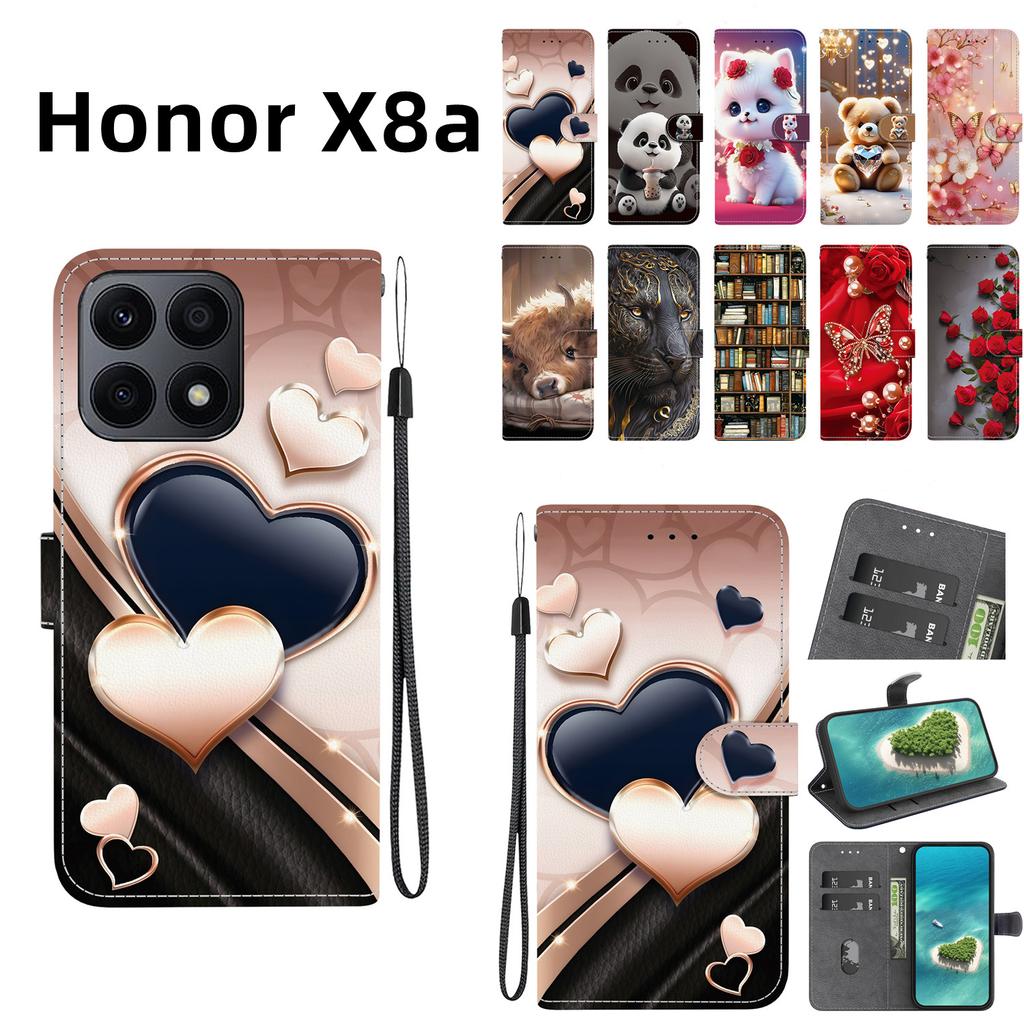 Чехол-книжка из искусственной кожи ручной работы для Honor X8a, противоскользящий, противоударный, с ремешком на запястье и дизайном в виде сердца/розы и кошки