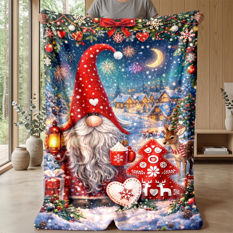 Christmas Gnome and Deer blanket Personalized Name Flannel Blanket Soft Cozy Plush Throw for Sofa Bed Lightweight Home Decor