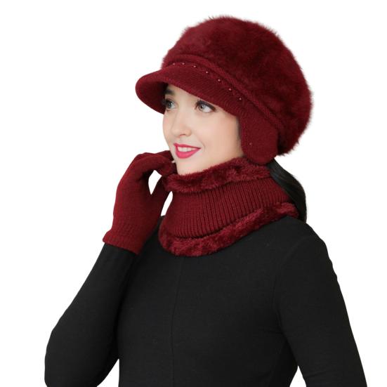 3 шт./комплект для женщин среднего возраста, зимняя шапка, шарф, перчатки, комплект, толстая трикотажная защита ушей