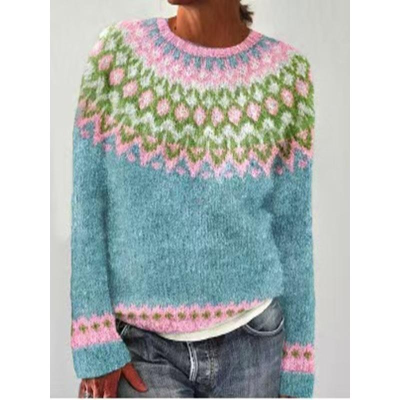 JKASHDK Женская мода повседневный геометрический принт осень зима длинный рукав O-образный вырез свободные свитера