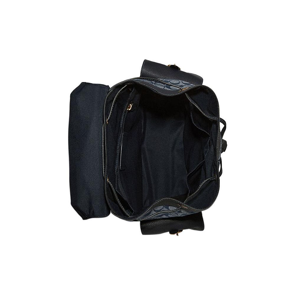 Coach Blue Signature Canvas Black Leather Trim Large Flap Backpack with Side Pockets for Daily Use
