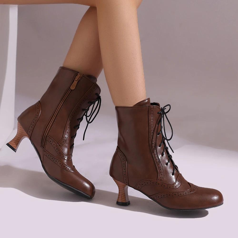 2024 Лидер продаж, новые модные броги с резными коричневыми, зелеными, белыми шнуровками, на высоком каблуке, ботильоны, женские ботинки, женская обувь, большой размер 43