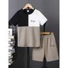 2pcs Men Casual Colorblock Short Sleeve T-shirt & Shorts Set, Comfy Summer Man Clothes
