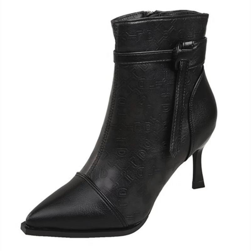 Темпераментные туфли-лодочки на высоком каблуке женские 2025 зима профессиональный дизайн чувство пряжка ремень флис короткие ботинки шпилька ботинки мартин