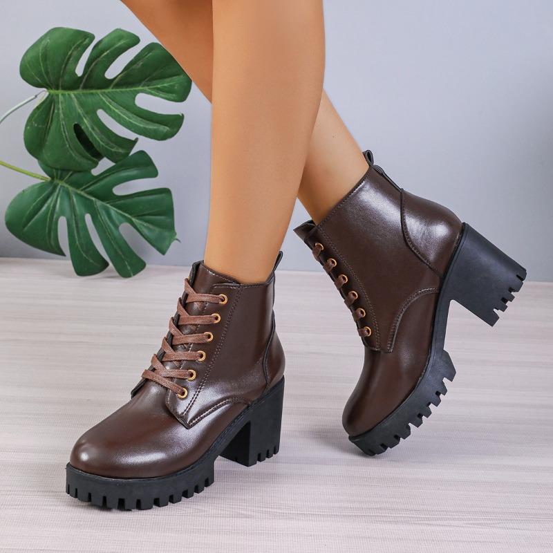 Women's Shoes High Quality Lace Up Women's Boots Winter Round Toe Solid Short Barrel Chunky Heel Fashion Boots Zapatos De Mujer