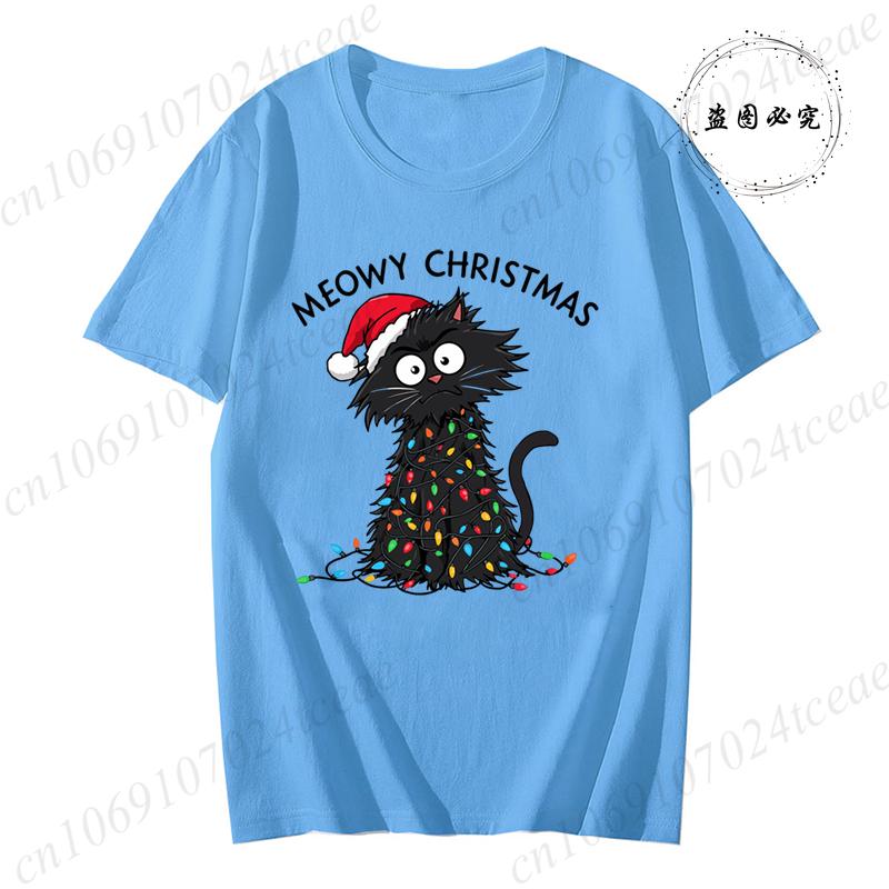 Women'S Casual Graphic T-Shirt - Meowy Christmas Print, Short Sleeve O Neck Top for Christmas Xmas T-Shirts Christmas Santa Tees