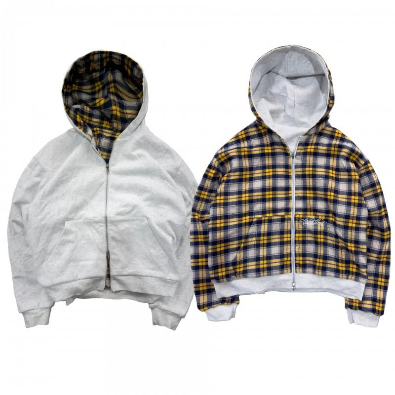 Womens Reversible Zip-Up Hoodie Plaid Print Casual Loose Fit Sweatshirt