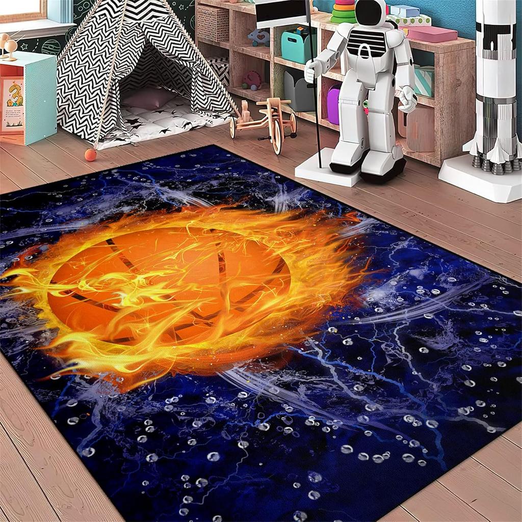 Flame Print Basketball Rug for Boys Bedroom and Playroom, Non-Slip Sports Carpet, Living Room Decor