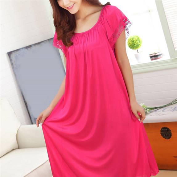 Women Soft Comfortable Satin Lace Sleepwear Nightgown Solid Color Silk Nightdress
