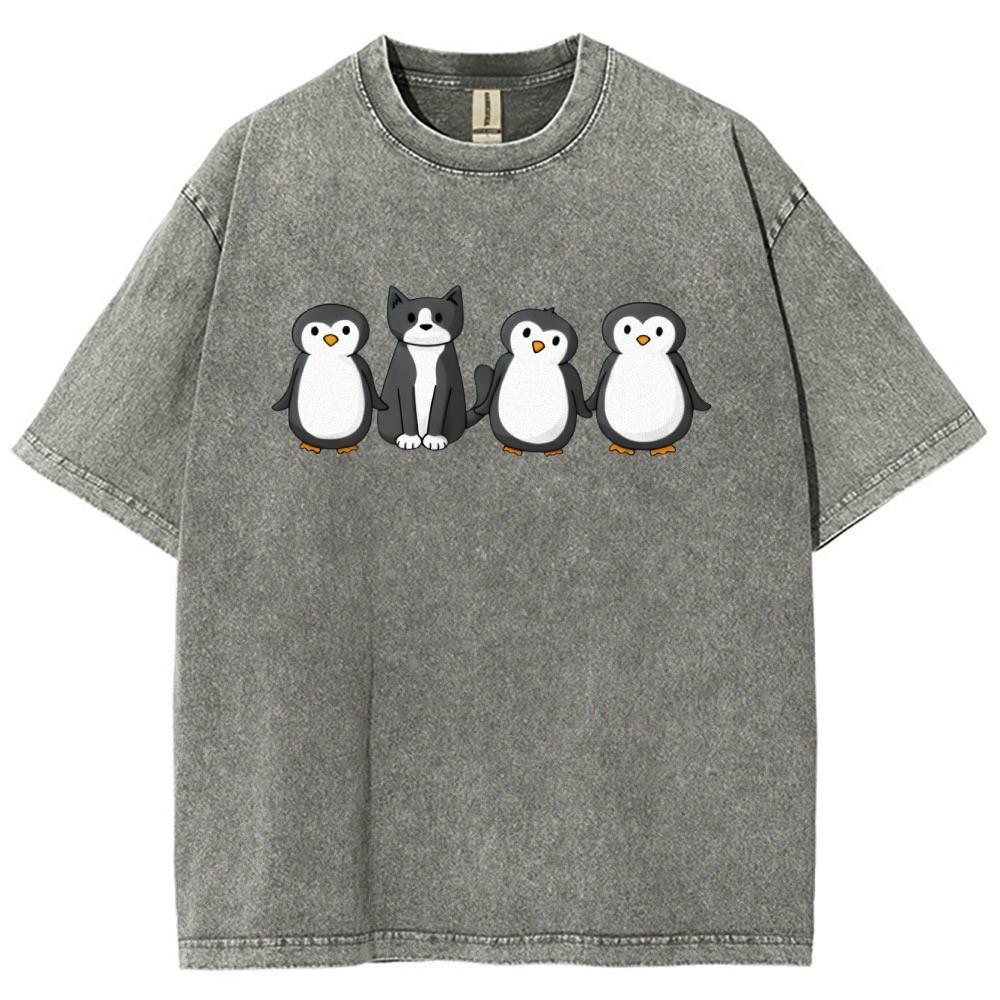 Penguin Cat Graphic Tee Acid Wash Heavyweight Cotton Oversized Crew Neck Shirt