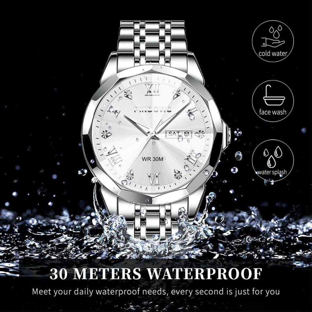 PINDOWS Diamond Business Dress Analog Quartz Luxury Waterproof Luminous Date Stainless Steel Classic Fashion Watch Men's Watch, Display, Two-Tone