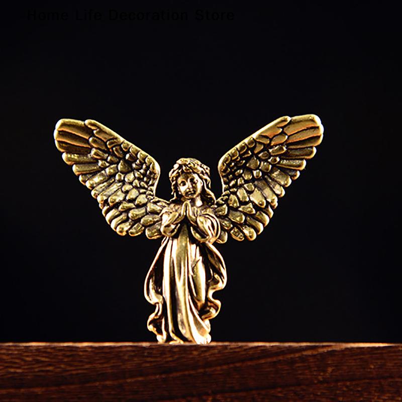 European Style Vintage Brass Blessed Guardian Angel Figurines Miniatures Desktop Ornaments Lovely Small Statue Home Decoration