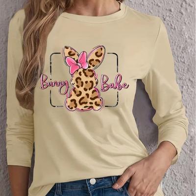 Топы для женщин с принтом пятнистого кролика, круглым вырезом и длинным рукавом, футболка, осенний повседневный тонкий пуловер, женский топ с длинным рукавом