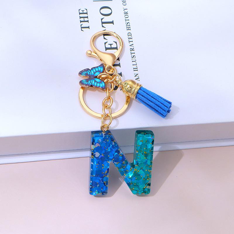 1 шт. Брелок с надписью для подвески на рюкзак, держатель для ключей, брелок с кисточкой, бабочка, милая градиентная смола, синий с пайетками