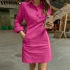 Women Long Sleeve Plain Collect Waist Short Shirt Dress