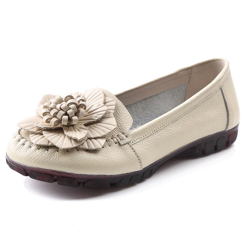 Vintage Summer Genuine Leather Shoes Without Heels Women's Moccasin Woman Ballet Flats Slip On Floral Loafer Ladies Chic Shoes
