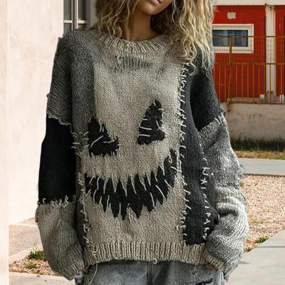 Хэллоуин Жуткое Лицо Свитер для Женщин Лоскутный Принт Вязаный Свитер Топ Длинный