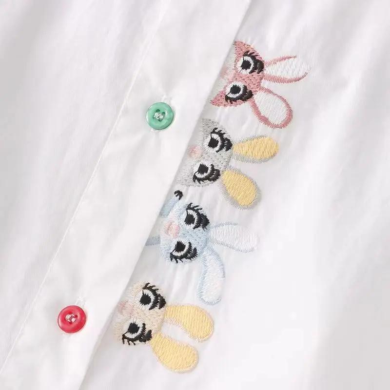 Женские блузки в стиле весна-осень, рубашки, повседневные женские блузки с длинным рукавом и отложным воротником, с вышивкой в виде мультфильмов, топы