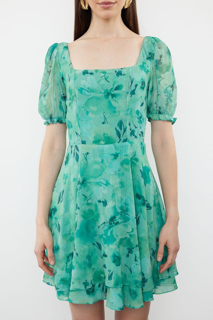 Женское стильное платье с зеленым узором, мини-шифоновое тканое платье на подкладке с вырезом на талии