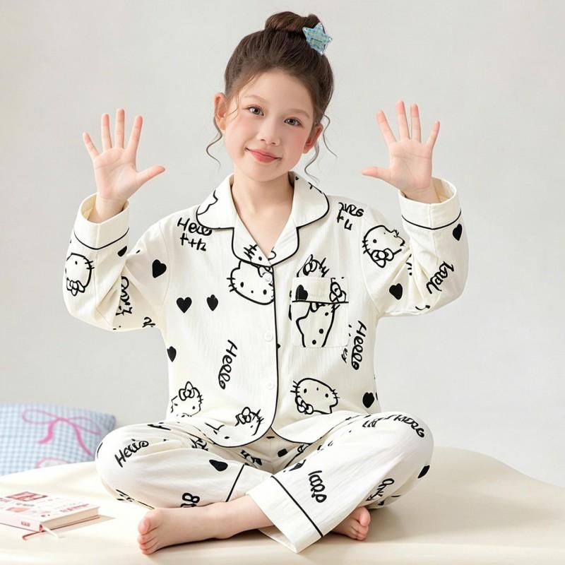 Girls Long Sleeve Cloud Cotton Pajamas Set Cute Open Front Homewear