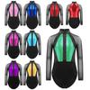 Kids Girls Shiny Rhinestones Leotard Color Block Patchwork Keyhole Back Sheer Mesh Long Sleeve Bodysuit for Gymnastics Dance Figure Skating