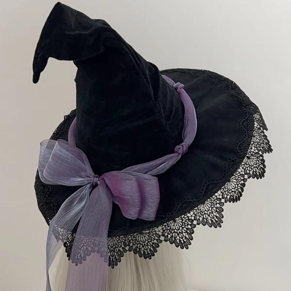 Adult Size Wizard Hat Lace Trim Lolita Bucket Hat New Witch Pointed Hat Halloween Party