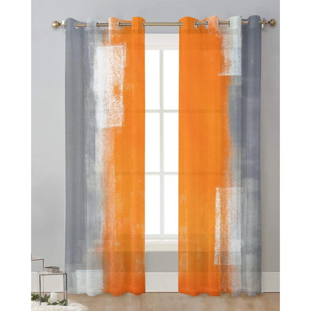 Orange Gray Abstract Oil Painting Texture Sheer Curtains for Living Room Decoration Window Curtain Kitchen Tulle Voile Drapes