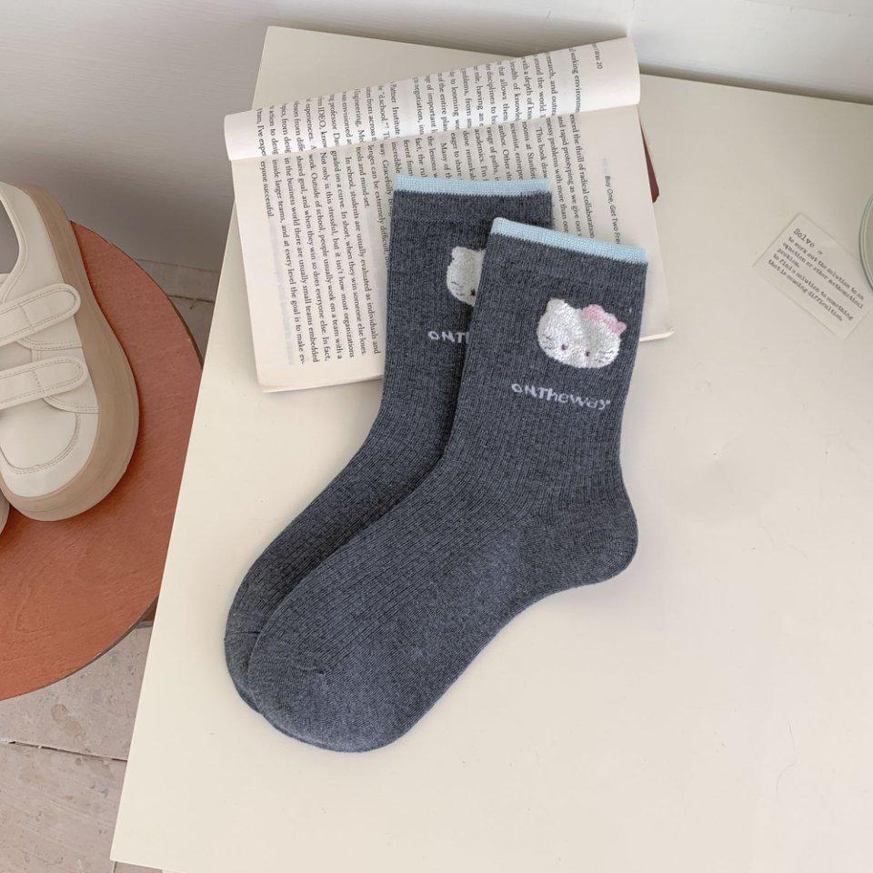 Хлопковые кошачьи носки: Женские до середины икры, весна/осень, японский и корейский стили преппи, флокированный ворс, длинные носки.