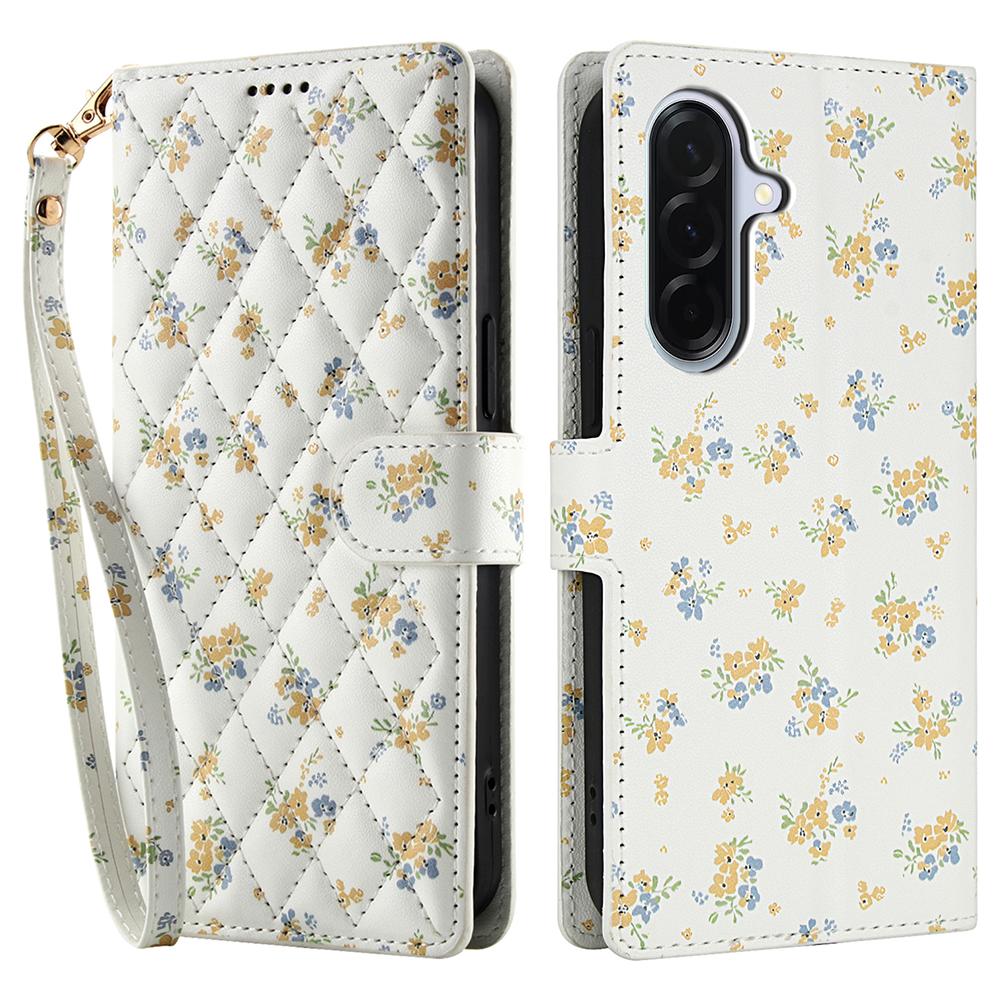 For Samsung Galaxy A17 5G/A26 5G Wallet Case Rhombic Floral Design Leather Flip Phone Cover with Strap