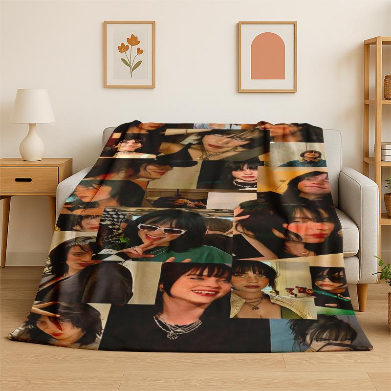 3D Billie Eilish Singer Star Flannel Blanket Soft Warm Throw Blanket for Bedroom Living Room Bed Travel Camping Picnic Gift