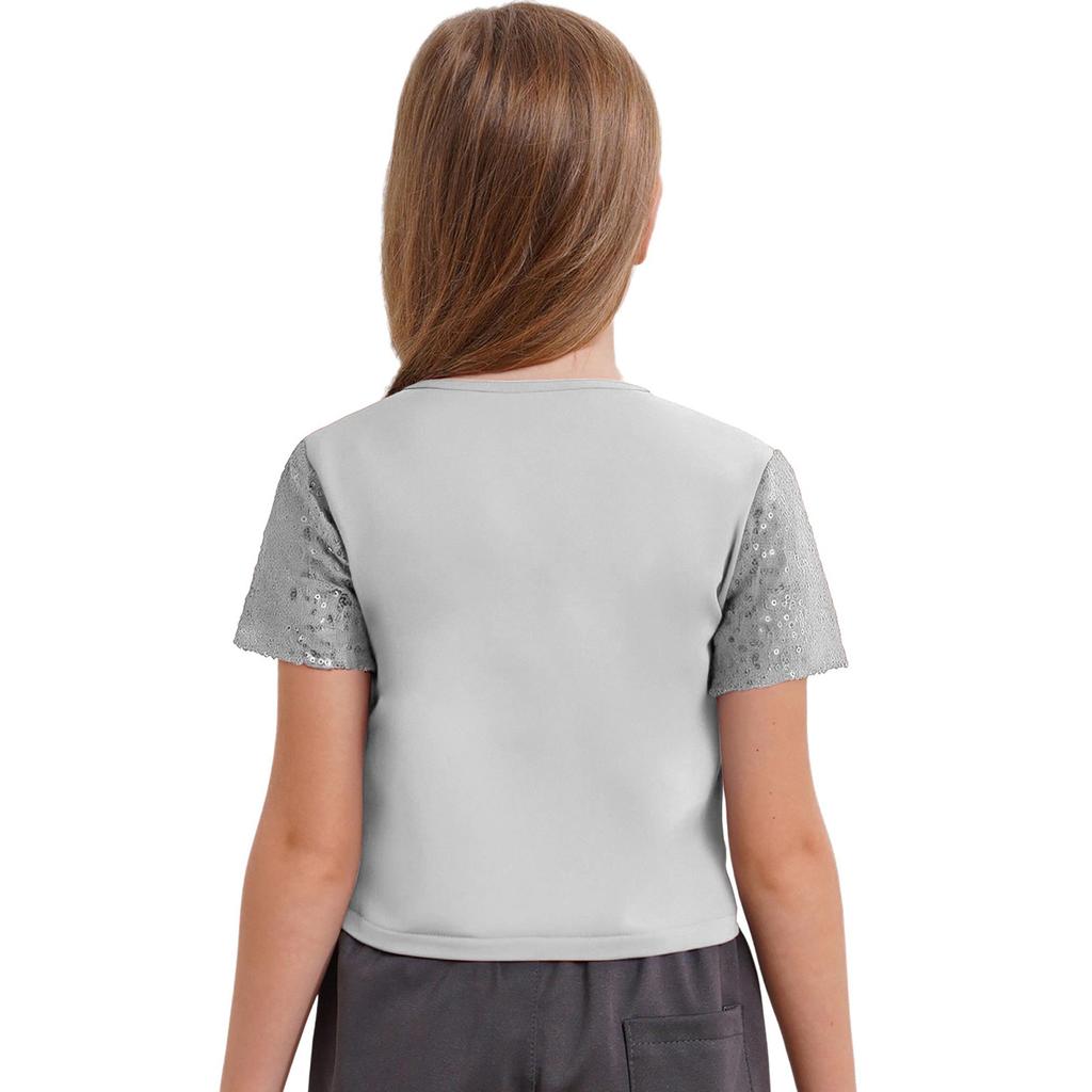 Girls Sparkling Sequin Crop Top Round Neck and Short Sleeves for Hip Hop Dance Costume