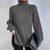Autumn/Winter Soft Knitwear Fashion Raglan Long Sleeve Turtleneck Split Sweater Casual Warm Solid Mid-length Pullover 29572