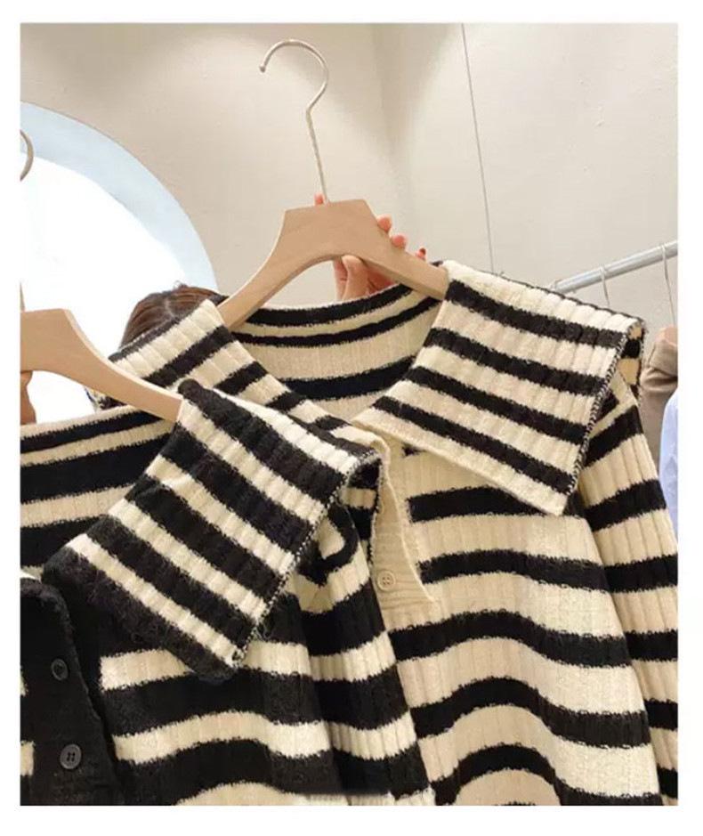 Women's 2024 Hot Style Thickened Striped Sweater with Navy Collar - Lazy Niche Design for Autumn and Winter