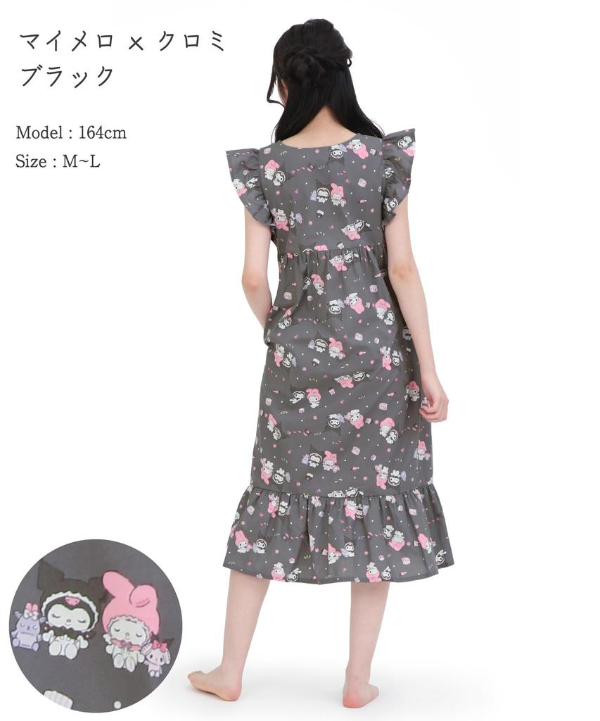 SAZAC Платье-ангел My Melody x Kuromi из хлопка, 100% поплин, женская ночная рубашка/домашняя одежда (Черный/M-L/SAN1948)