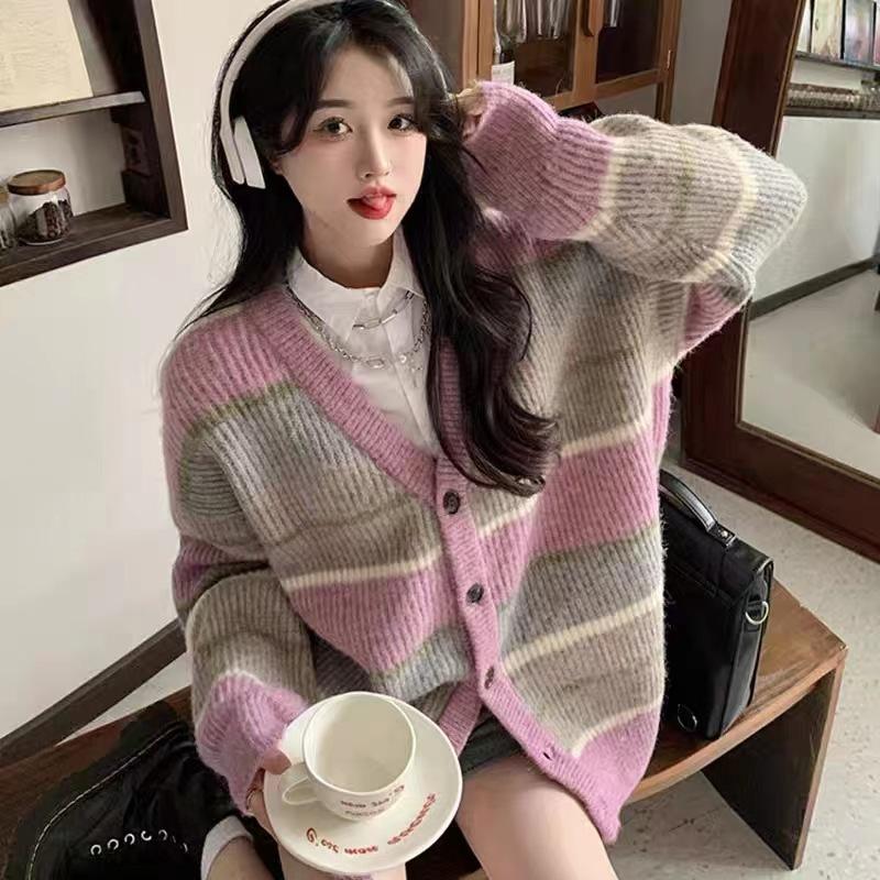 V-neck Japanese lazy style retro striped sweater jacket women's new autumn and winter loose and thin knitted cardigan