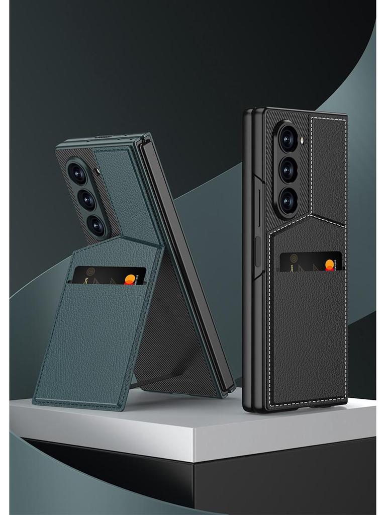 Чехол-подставка с держателем для карт Samsung Z Fold 6 - Премиальная кожа с интегрированной защитной пленкой