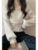 Women's Fashionable Square Neck Knitted Top - Spring/Autumn Design, Short, Versatile, with Bubble Sleeves and a Faux Two-Piece Look.