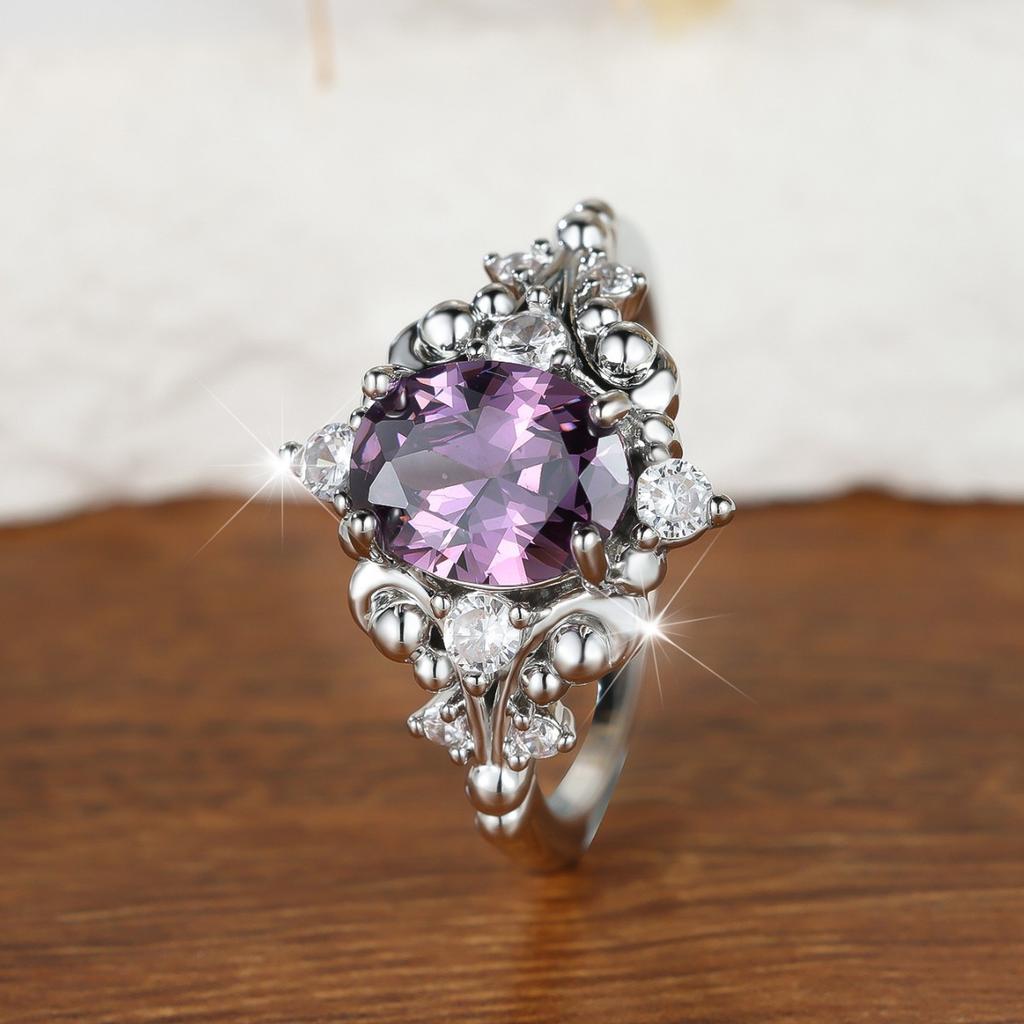 Green Sky's new egg-shaped purple cubic zirconia ring with white diamond accents and a floral vine design Light luxury fashion women's engagement